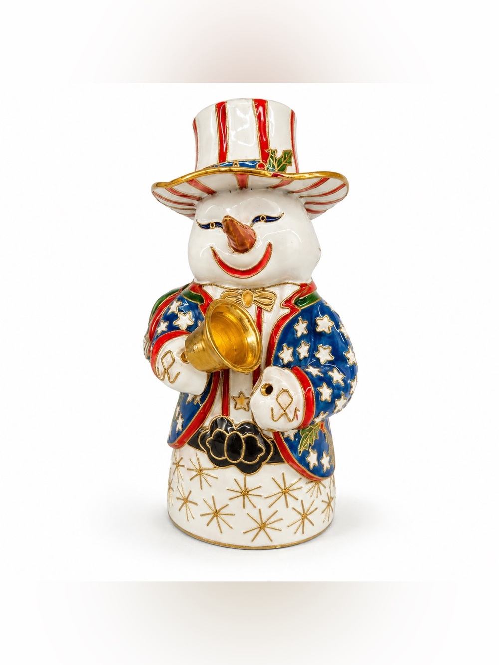 CLOISSONE Enamel Christmas Snowman Figurine Handcrafted Metal & Enamel Patriotic